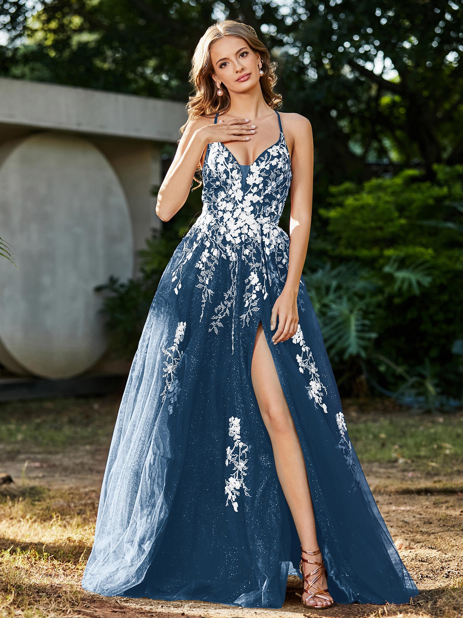 A-line V-neck Lace Up Tulle Gown Ink Blue